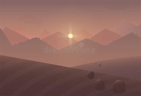 Cartoon Sunset Mountain Landscape Background With Trees And Fields