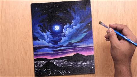 Acrylic Painting Of Amazing Moonlight Night Sky Landscape Step By Step