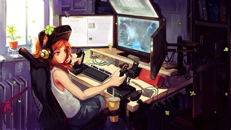 Wallpaper Digital Art Video Games Redhead Anime Girls Room