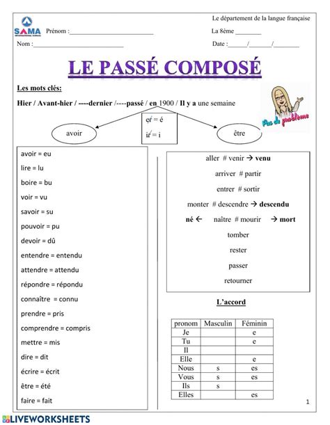 le passé composé interactive worksheet basic french words teaching french french flashcards