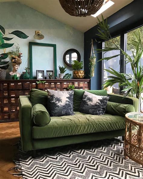 Green Sofa And Accents Plants And Vintage Library Chest In This