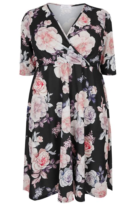 Yours London Black And Pastel Floral Wrap Dress Plus Size 16 To 32