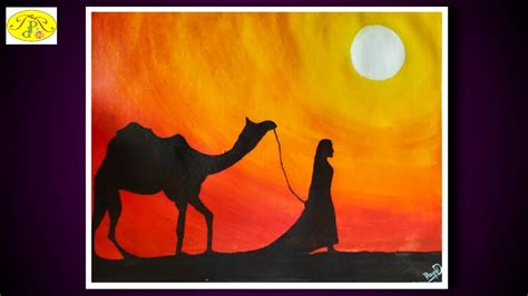 Desert Sunset Scenery Acrylic Painting Of Desert Camel In Desert