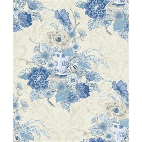 Seabrook Designs Dynasty Metallic Linen And Blue Floral Wallpaper