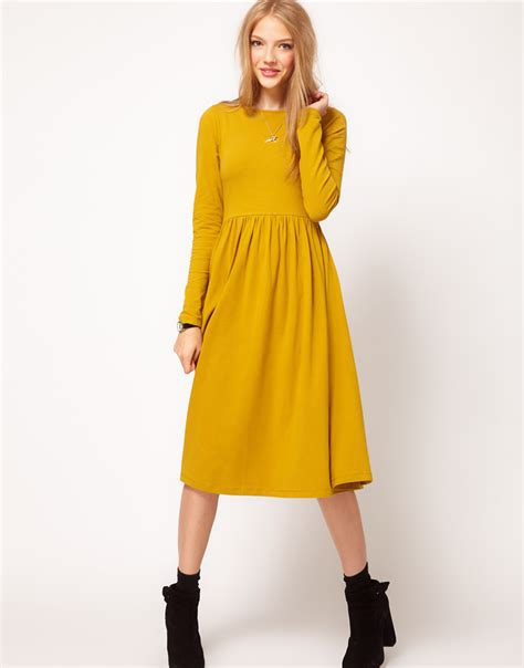 Lyst Asos Collection Asos Midi Dress With Long Sleeve In Yellow