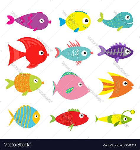 Cute Cartoon Fish Set Isolated Baby Kids Vector Image