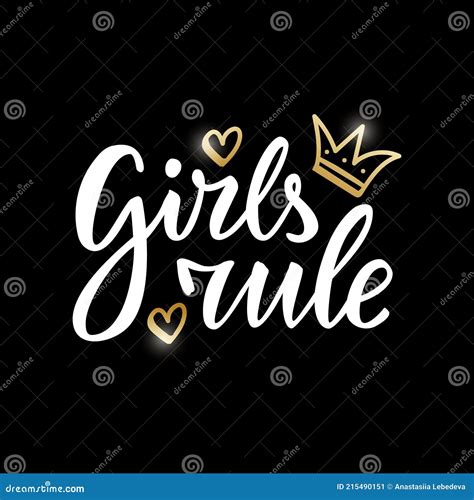 Girls Rule White Lettering With Golden Crown And Hearts Stock Vector