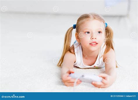 Girl Playing On A Game Console Stock Photo Image Of Computer Home