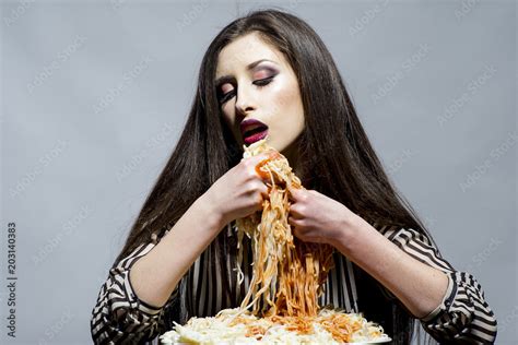 Sexy Woman Eat Spaghetti With Hands Woman Eat Pasta Dish With Tomato Ketchup Hungry Girl Have