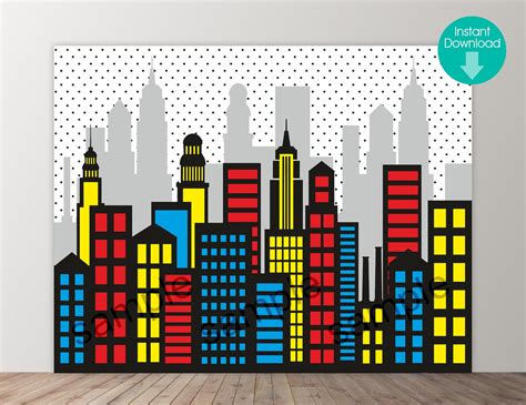 Digital City Skyline Buildings Printable Backdrop Comic Etsy