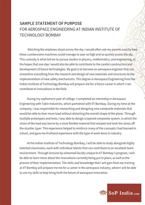 I hope that the information i mentioned above would cover my personality and purpose of applying for this scholarship. Sample Sop for Aerospace Engineering IIT Bombay by ...
