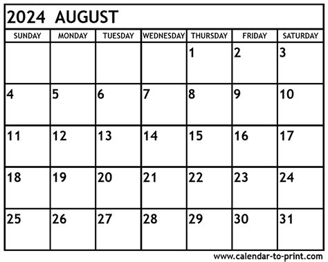 Printable Monthly Calendar August 2024 Aurie Carissa