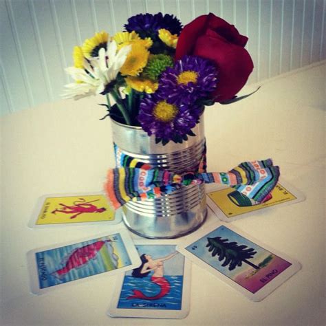 Easy Fiesta Centerpieces With Loteria Cards Cans Flowers And Fabric Mexican Party Theme