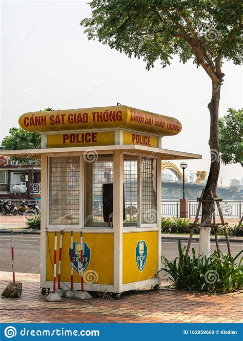 Yellow Police Booth Along Han River In Da Nang Vietnam Editorial Image