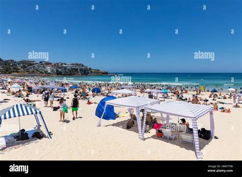 bondi beach in sydney summers day 2023 crowded beach and people in the ocean blue sky sydney
