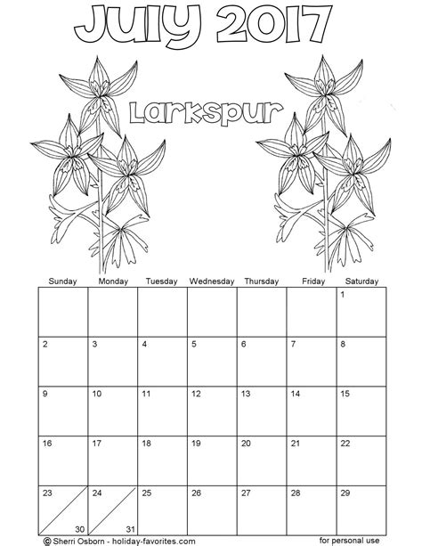 Printable July 2017 Calendars Holiday Favorites