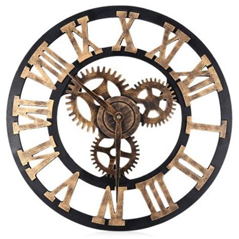 Wall Clock Wheel Gear Antique Wooden Round Rustic Roman Numerals Silent