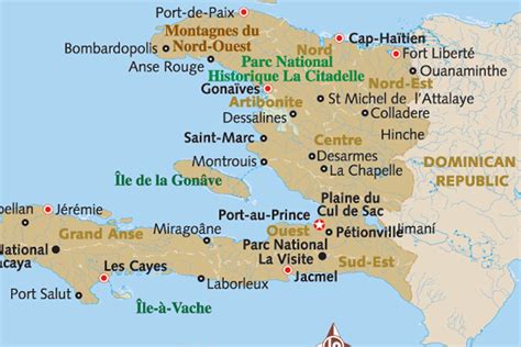 Map of haiti shows roads, major cities, airpors and tourist attractions. Haiti