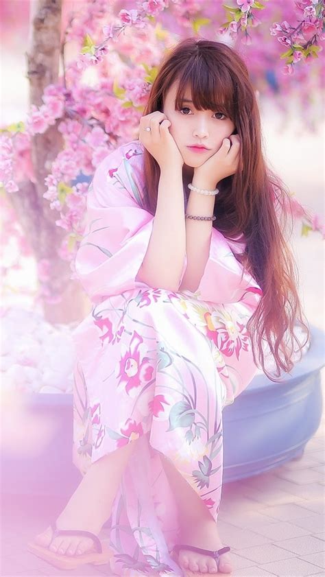 Wallpaper Beautiful Japanese Girl Kimono Pink Sakura