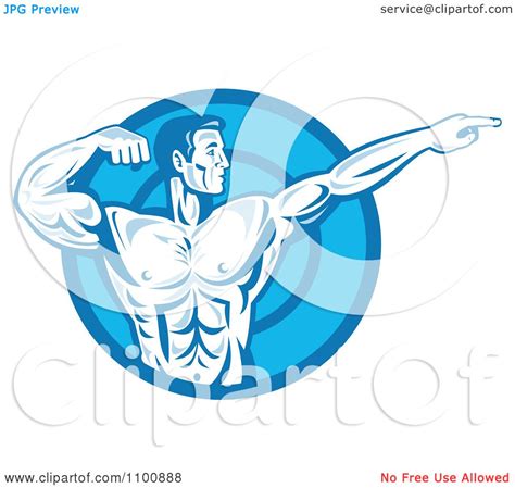 Clipart Blue Retro Bodybuilder Flexing And Pointing Over A Blue Circle
