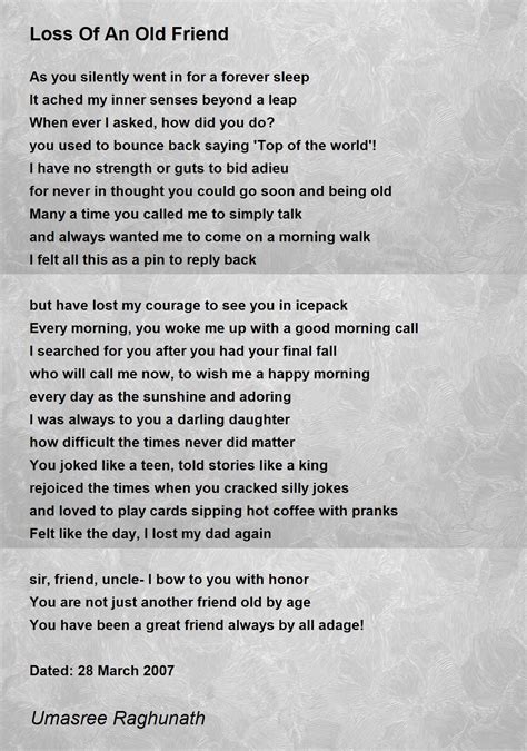 Loss Of An Old Friend Loss Of An Old Friend Poem By Umasree Raghunath