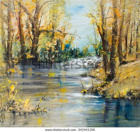 River Autumn Forest Oil Painting Stock Illustration 341041208