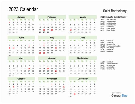 Holiday Calendar 2023 For Saint Barthelemy Sunday Start