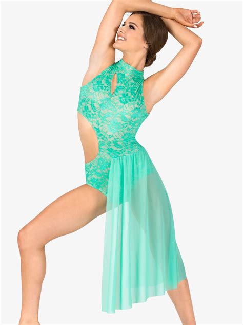 Womens Performance Lace Mock Neck Asymmetrical Dress | Dance costumes ...