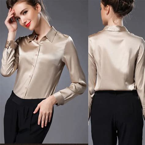 S 3xl Women High Quality Satin Silk Blouse Button Ladies Silk Satin
