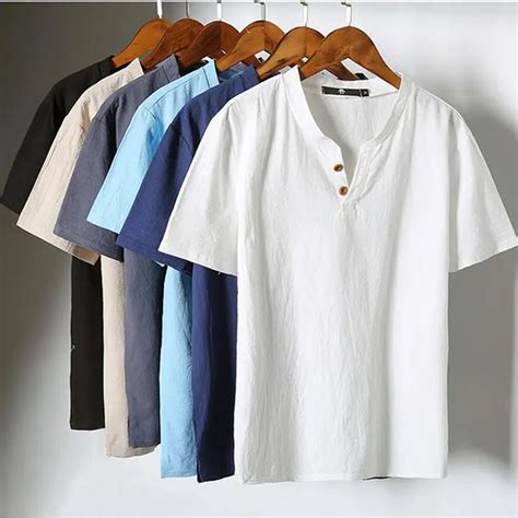 Mens Pullover Linen Shirts Short Sleeve Summer Breathable Mens Quality