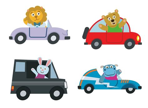 Kids Cars Transport With Cute Cartoon Animals Vector Set