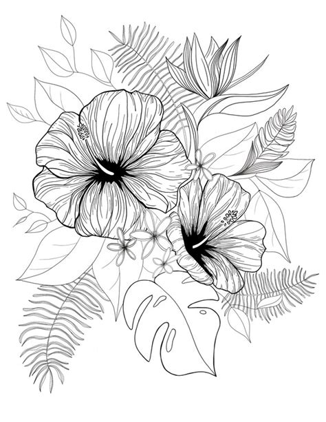 Tropical Flowers Coloring Sheet Adult Coloring Page Floral Etsy