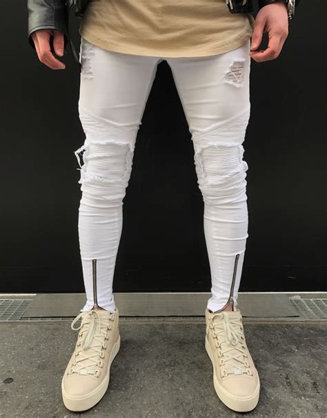 White Ripped Jeans For Men Super Stretch Male Pant Distressed Brand