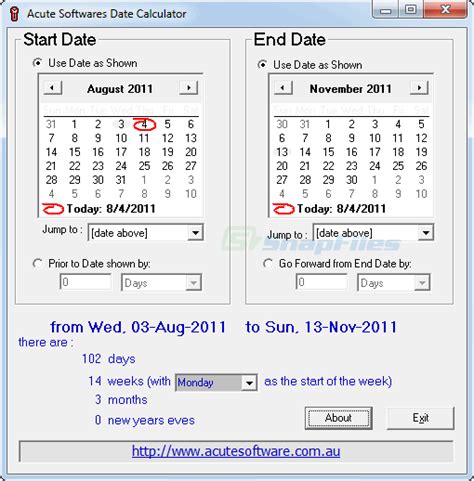 Calculate how many days between dates. Acute Date Calculator screenshot and download at SnapFiles.com