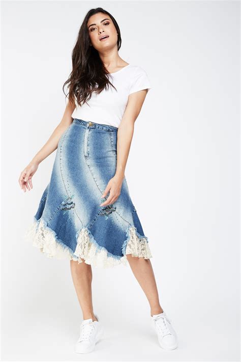 Embellished Lace Trim Flared Denim Skirt Just 7