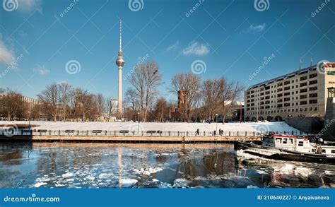 Berlin Riverside Under Snow Boat Crashes Ice On Spree River Panoramic