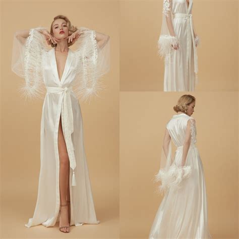 robe de mariée sexy women bathrobe feather sleepwear lace nightgown long sleeve long robe spa