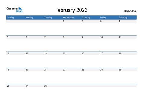 February 2023 Calendar With Barbados Holidays