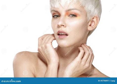 Beauty Model Blonde Short Hair Showing Perfect Skin Stock Image Image