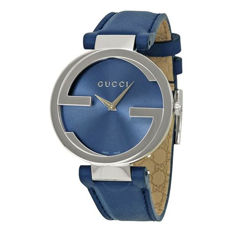 Lugged round stainless steel case in black. Gucci Interlocking-G Blue Dial Blue Leather Ladies Watch ...
