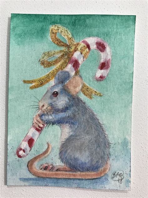 Sold Aceo Original Painting Mouse Candy Cane Christmas Mice Art Artwork