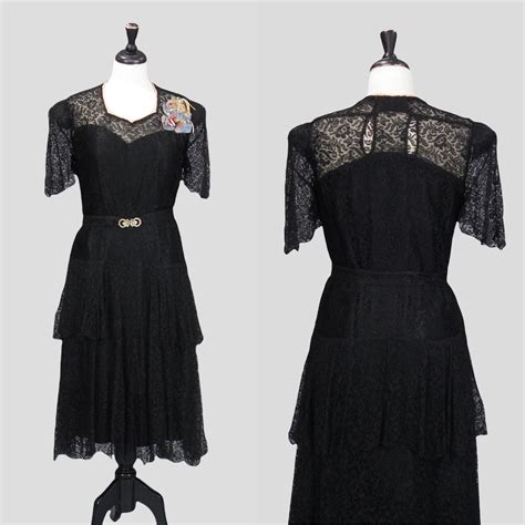 1930s Dress Vintage 30s Lace Tiered Peplum Dress Art Deco Clasp Belt