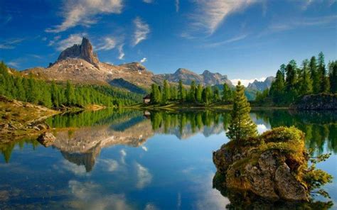 Lake Dolomites Mountains Forest Mountains Reflection