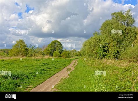 Path Through A Lush Green Spring Landscape With Dark Clouds In