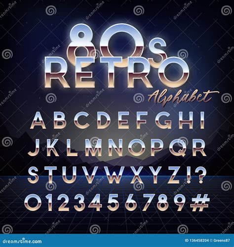 Shiny 80s Retro Alphabet Futuristic English Font Stock Vector