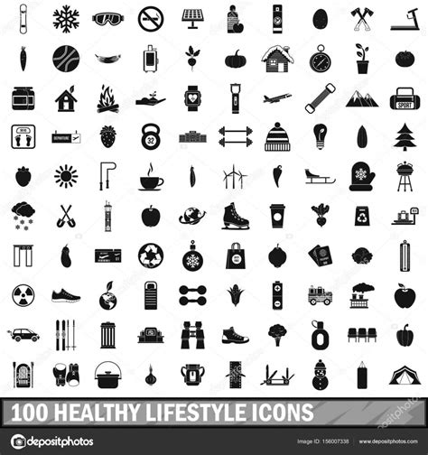 100 Healthy Lifestyle Icons Set Simple Style — Stock Vector