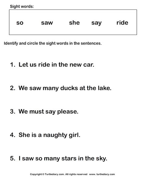 Identify Sight Words So Saw She Say Ride Turtle Diary Worksheet