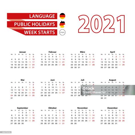 Ilustración De Calendario 2021 En Alemania Idioma Con Días Festivos El