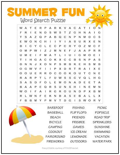 Printable Summer Word Search Puzzles