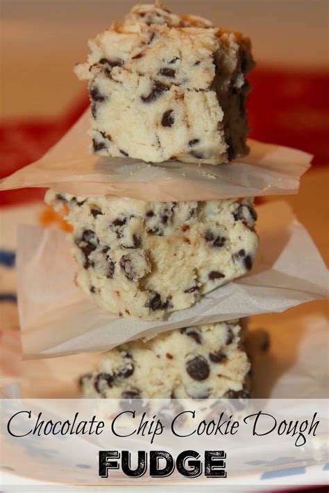 Three Chocolate Chip Cookie Dough Fudge Bars Stacked On Top Of Each